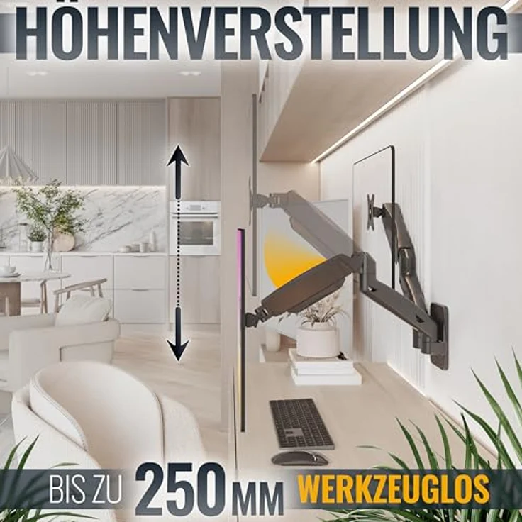 RICOO PC Monitor Wandhalterung 2 Monitore höhenverstellbar Gasfeder Schwenkbar Neigbar Bildschirm 17-24 Zoll, Halterung Wand S4711, VESA 75 x 75, 100x100 mm, schwarz – Bild 4