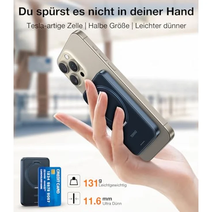 TORRAS Dünn Power Bank für Magsafe Powerbank Klein 5000mAh mit 360° Ostand Ring für iPhone 15/14/13/12 Serie Magnetische Wireless Slim Externe Handyakkus USB C Schnelles Laden - Schwarz – Bild 2