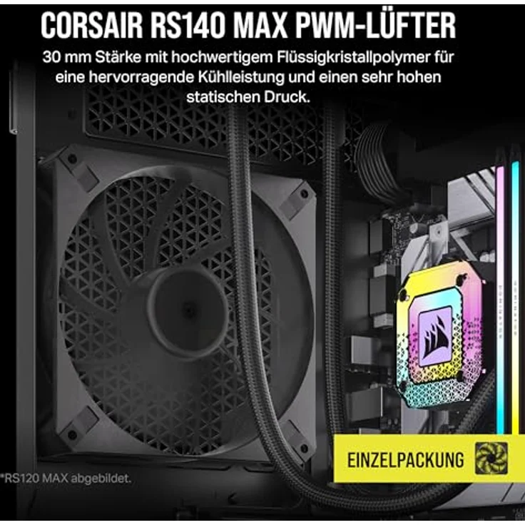 CORSAIR RS140 MAX 140mm-PWM-Dicker-Lüfter – Hoher Statischer Druck – Flüssigkristallpolymer-Konstruktion – Einzelpackung – Schwarz – Bild 2