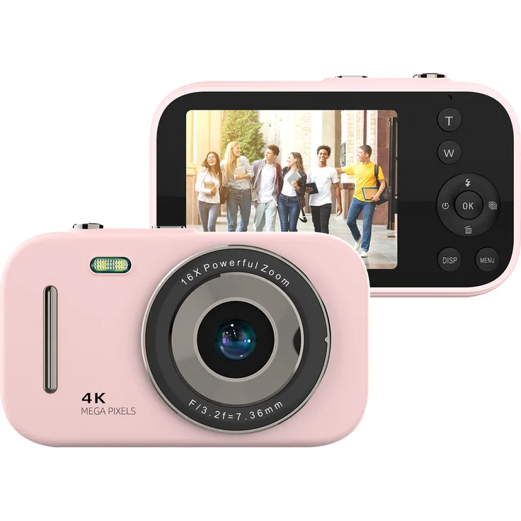 Douself 4K-Digitalkamera, tragbare Videokamera mit 48 MP, 2,8 Zoll IPS-Bildschirm, 16-fach Zoom, rosa, ideal für Geschenke an Teenager und Studenten