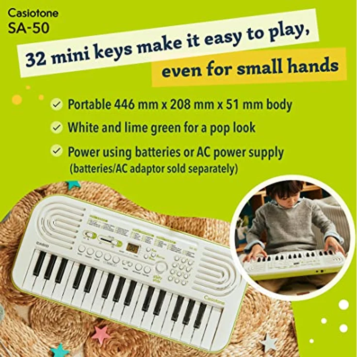 CASIO SA-50 Mini-Keyboard, Midi-Controller mit Hall-Effekt, weiß/limettengrün – Bild 8