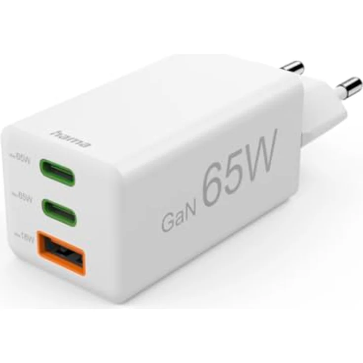Hama Schnellladegerät, GaN, 2X USB-C PD, 1x USB-A QC, Mini-Ladegerät, 65W, Weiß – Bild 1