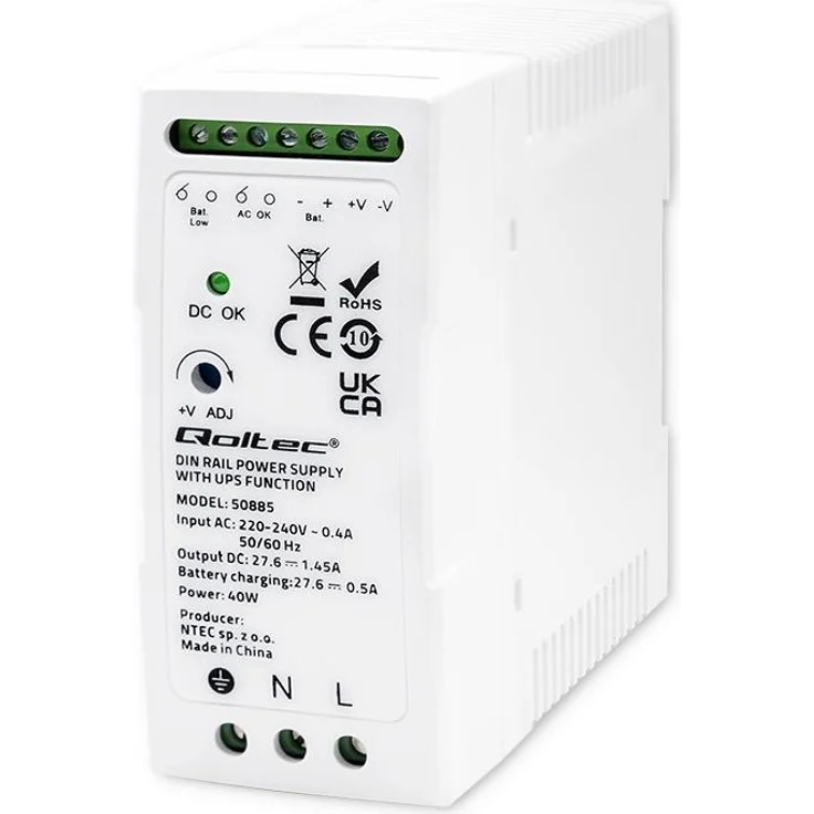 Qoltec 50885, Hutschienen-Netzteil mit 40W USV-Funktion, weiß