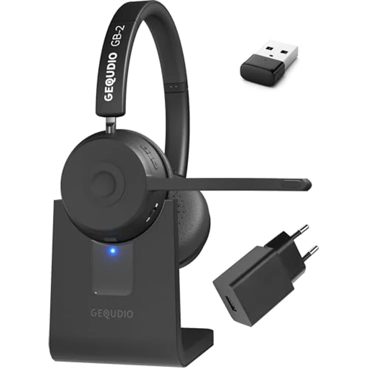 GEQUDIO GB-2 Headset Bluetooth, kabellos mit Mikrofon, passives Noise Cancelling, 2 Geräte gleichzeitig verbinden, lange Akkulaufzeit, mit Ladestation – Bild 1