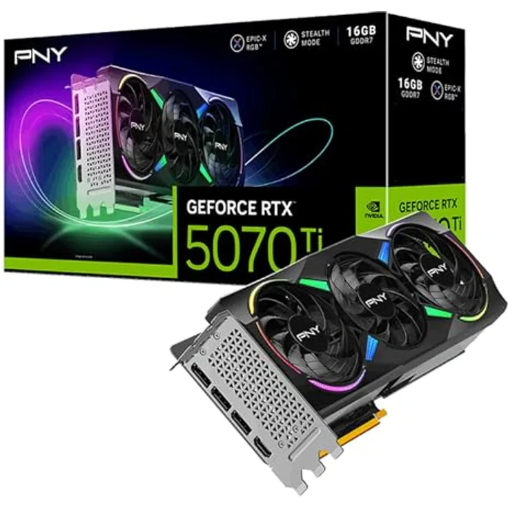 PNY VCG5070T16TFXXPB1-O, GeForce RTX 5070 Ti Grafikkarte, 16 GB GDDR7, Unterstützung für 4 Monitore, RGB-LED-Beleuchtung