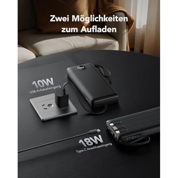 VRURC Powerbank 20000mAh, Tragbares Ladegerät mit integrierten Kabeln, Schnellladung 22,5W, LED-Anzeige, kompatibel mit iPhone, Huawei, Samsung – Bild 5