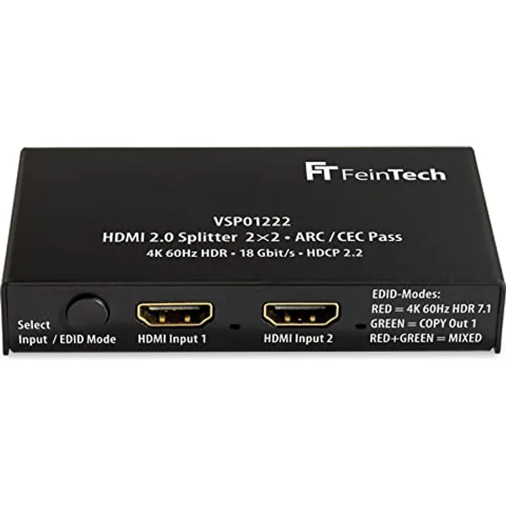 FeinTech VSP01222 HDMI 2.0 Splitter 2 Eingänge 2 Ausgänge Scaler ARC Pass für AV-Receiver 4K 60Hz HDR, Schwarz