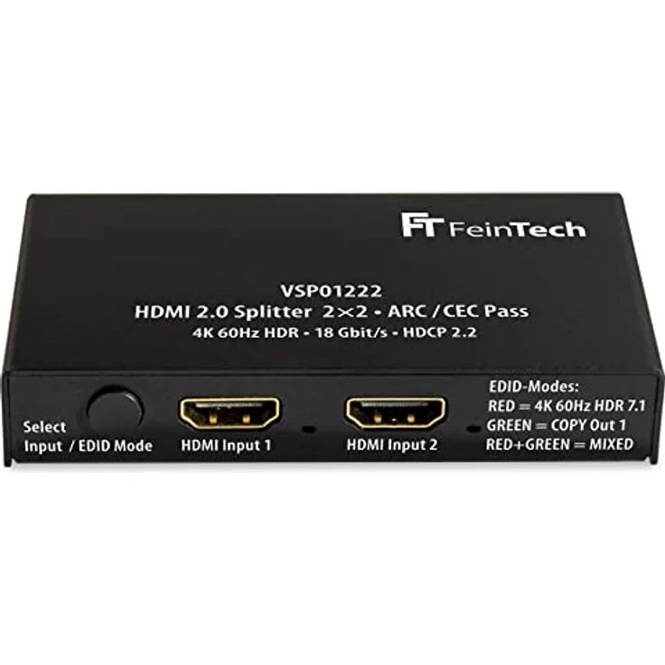 FeinTech VSP01222 HDMI 2.0 Splitter 2 Eingänge 2 Ausgänge Scaler ARC Pass für AV-Receiver 4K 60Hz HDR, Schwarz – Bild 1