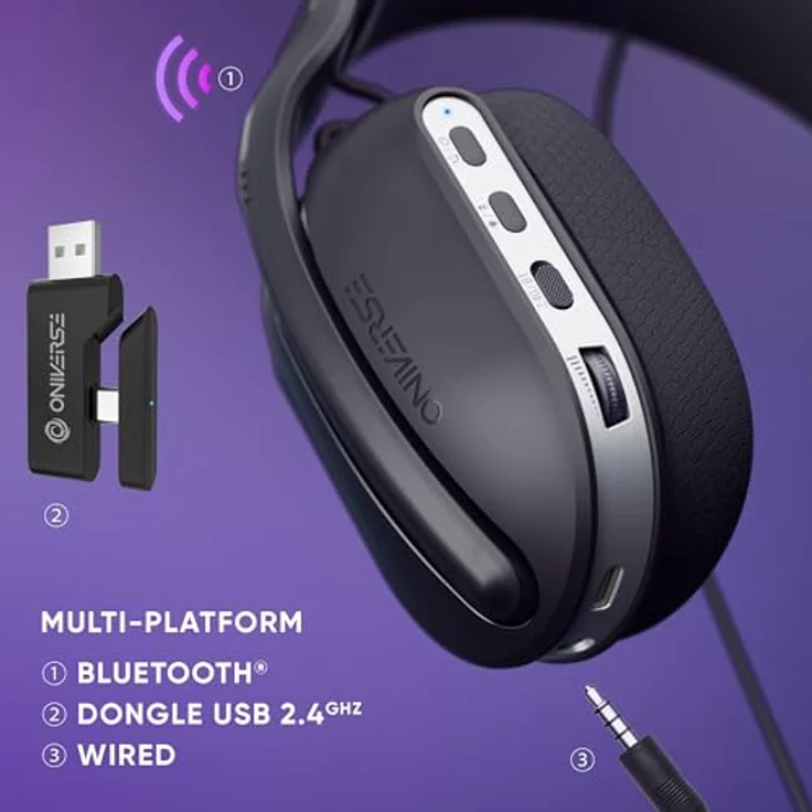 Oniverse Polaris Gaming-Headset, kabellos, PS5, PS4, Switch, PC, mobil, LED, Akku 33 Stunden, virtueller 7.1 Sound – Bild 4