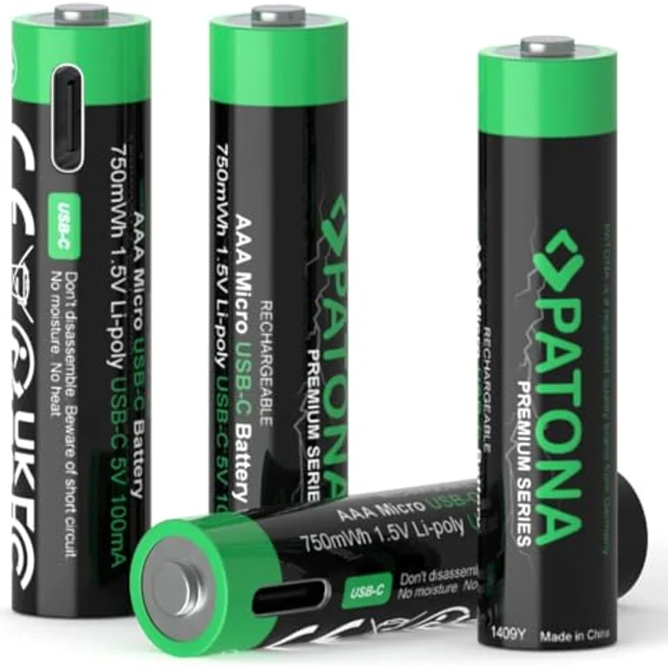 PATONA AAA Akkus USB-C (4er Pack) - Wiederaufladbar, 1,5V / 750 mWh, 500 mAh, USB-C Ladekabel mit 2 Anschlüssen – Bild 1