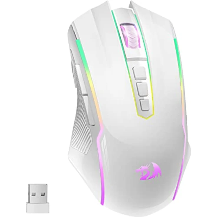 Redragon RGB Gaming Maus, kabellose Wiederaufladbare mit 8000 DPI, 9 programmierbaren Tasten, ergonomisches Design, Weiß – Bild 1