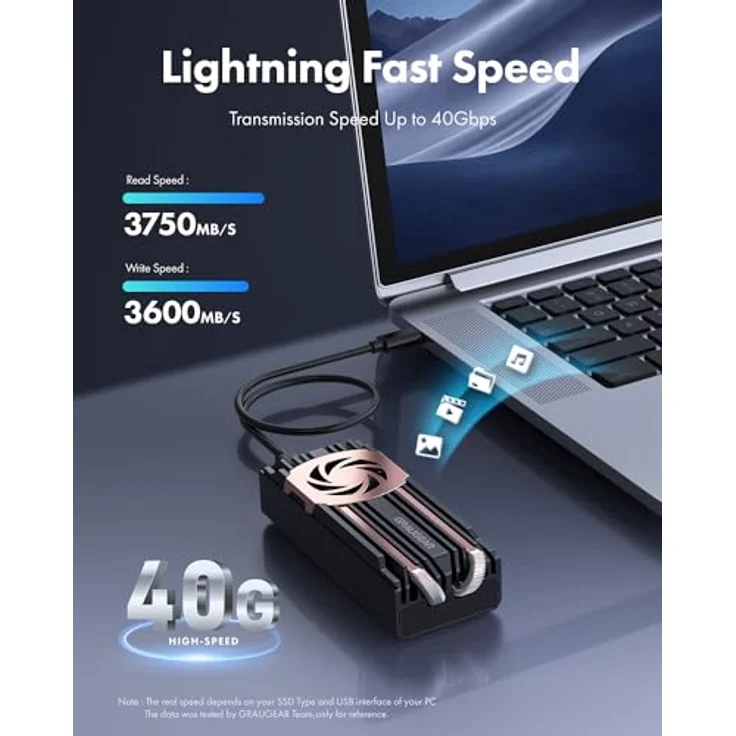 GRAUGEAR 40Gbps M.2 NVMe SSD Aluminiumgehäuse USB4.0 bis zu 3811MB/s, Kompatibel mit Thunderbolt4 für M-Key 2280 PCIe Gen4x4 SSD, Heatpipe Kühler mit Lüfter, Grau – Bild 3