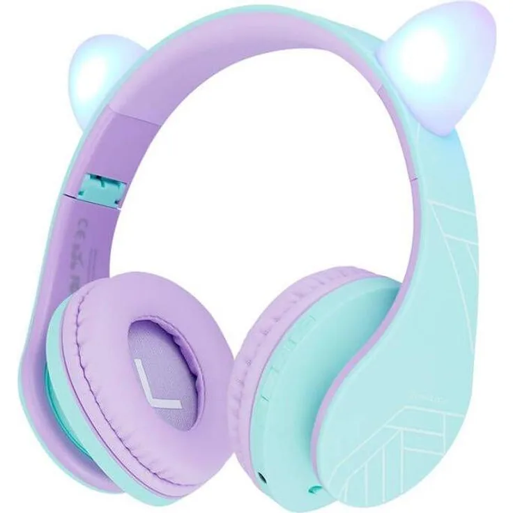 PowerLocus P2, Kabellose Kopfhörer für Kinder mit Katzenohren, Bluetooth 5.3, LED-Hintergrundbeleuchtung, blau-lila