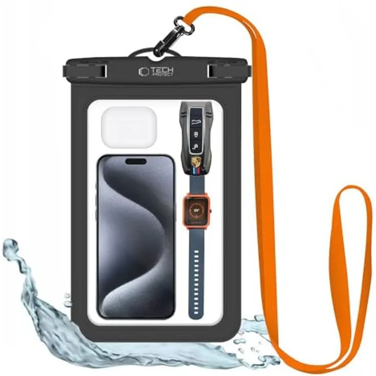 TechProtect Universelle Wasserdichte Handyhülle IPX8, Orange-Schwarz für Geräte bis 6,9 Zoll mit Umhängeband