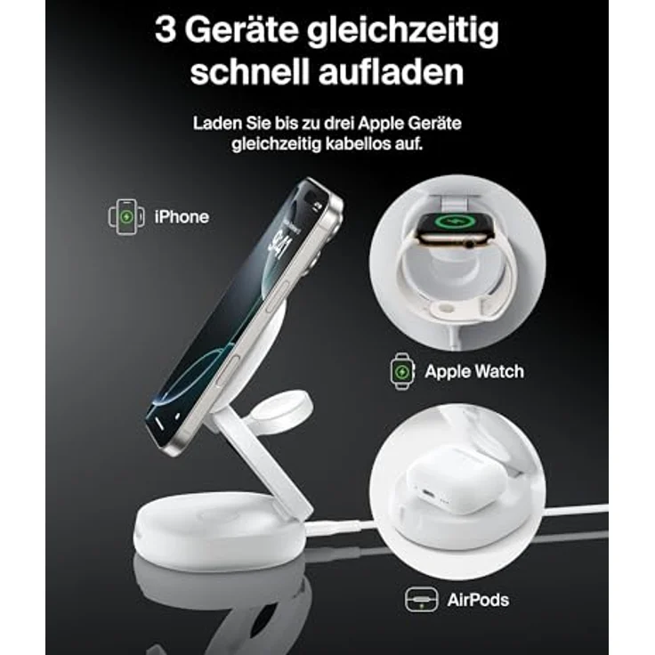 Belkin BoostCharge MagSafe Ladegerät, verstellbare 3-in-1 Ladestation mit Qi2-Zertifizierung, 15-W Schnellladung für iPhone 16, Apple Watch und AirPods, Weiß, inkl. 36-W-Netzteil – Bild 2