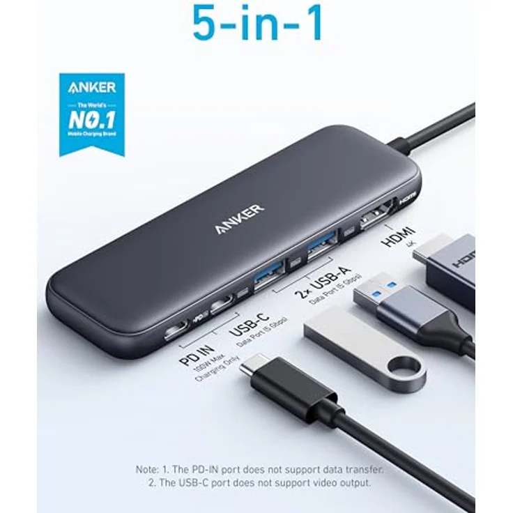Anker USB C Hub, 332 USB-C Hub (5-in-1) mit 4K-HDMI-Display, Pass-Through-Ladung und 5 Gbit/s Datenübertragung – Bild 2