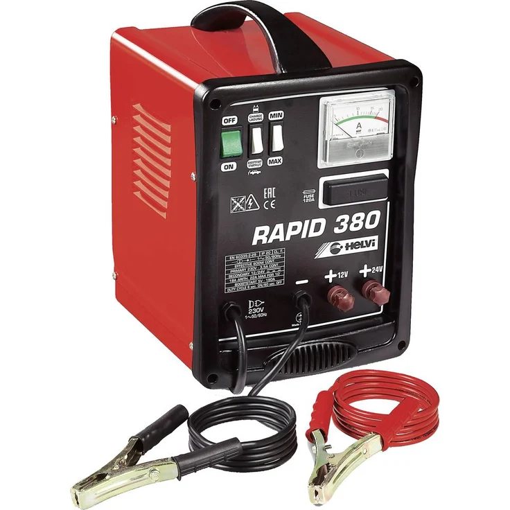 Helvi 380 77211 Kfz-Ladegerät, 12 V / 24 V, 25A, tragbares Batterieladegerät mit Starthilfe für Landwirtschaft und Werkstätten