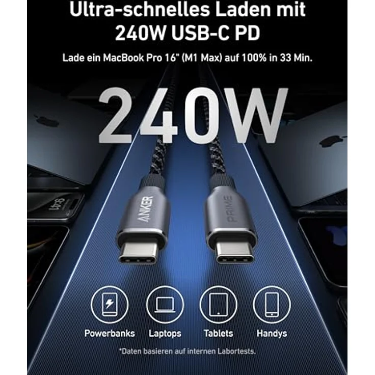 Anker Prime USB C auf USB C Kabel, 240W Schnellladekabel mit Upcycled Nylon im Flecht-Design, 100 Jahre Haltbarkeit - für iPhone 15/15 Pro/15 Pro Max/15 Plus, MacBook, Galaxy S24 - Preisvergleich – Bild 2