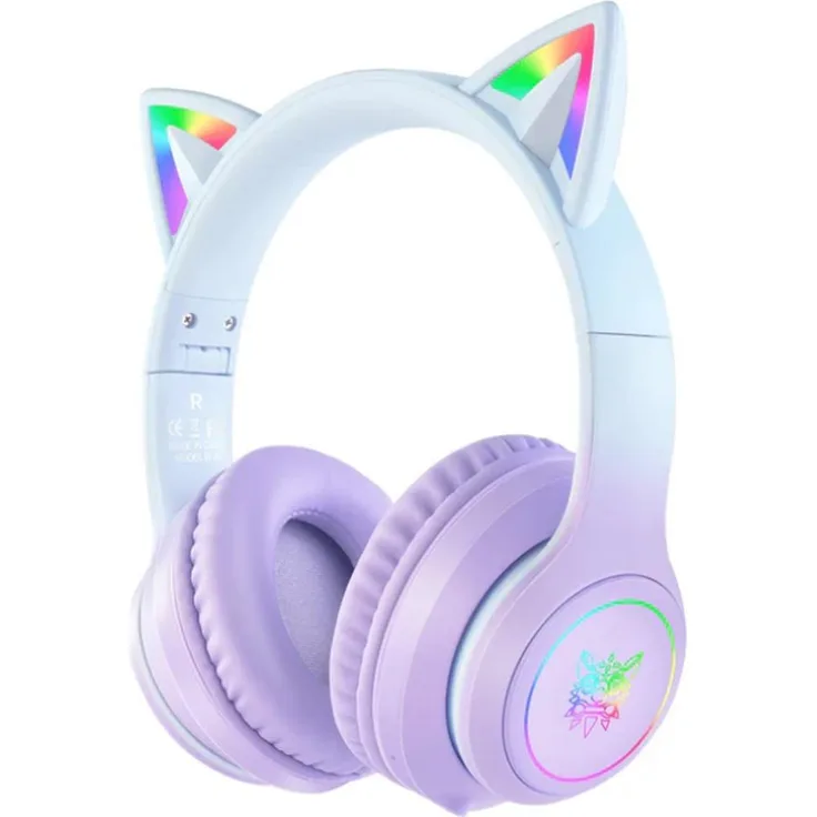 ONIKUMA B90 Gaming-Kopfhörer, kabellose Over-Ear Kopfhörer mit Bluetooth 5.0 und leuchtenden Katzenohren, blau, lila