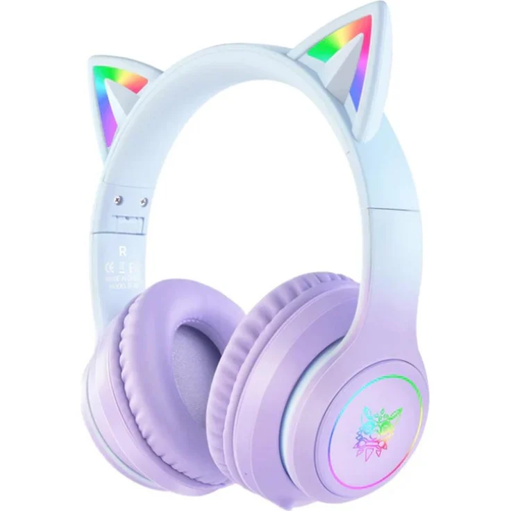 ONIKUMA B90 Gaming-Kopfhörer, kabellose Over-Ear Kopfhörer mit Bluetooth 5.0 und leuchtenden Katzenohren, blau, lila