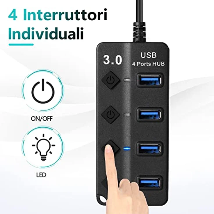 Hoppac USB-Hub, 4 Ports USB-Splitter mit unabhängigen Schalterungen, 1 USB-3.0-Anschlüsse, 3 USB-2.0-Adapter für PC, mit LED-Licht, mehrfacher USB-Buchse für schnelle Datenübertragung, Schwarz – Bild 2