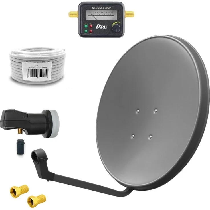 ARLI 60cm HD SAT Anlage grau, Universal Single LNB, 10m Koaxialkabel, inklusive Satfinder und 2x vergoldete F-Stecker