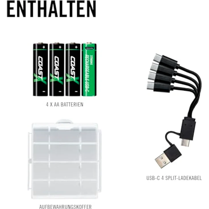 Coast ZXAA 1,5V USB-C Akkus, 2400 mAh, Lädt in 2,5 Stunden, Langlebig, 4er-Pack, ZITHION-X, Lithium-Ionen – Bild 2