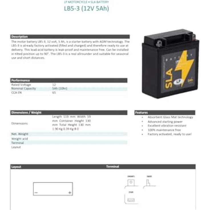 Landport LB5-3, AGM SLA 12V 5Ah Motorradbatterie, wartungsfrei und werkseitig aktiviert – Bild 6