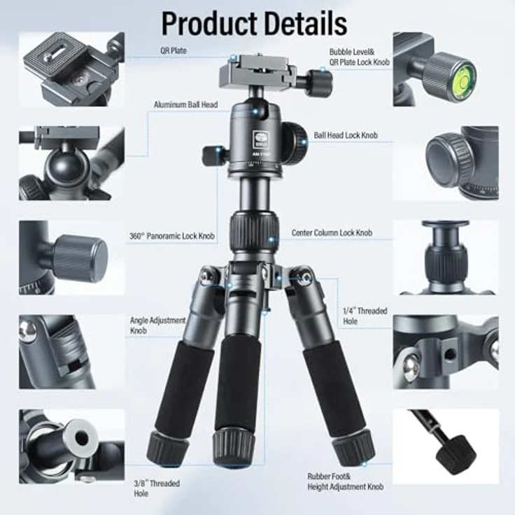 SIRUI AM-TT50, Mini Aluminium Stativ für DSLR und Smartphones, 52cm höhenverstellbar, 360° Kugelkopf, 10kg Tragkraft, inklusive Telefonhalterung – Bild 2