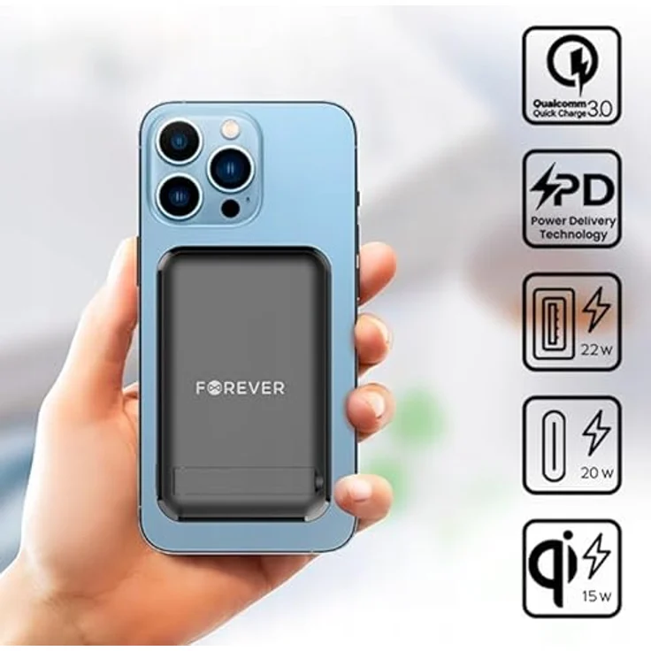 FOREVER MATB-100 Powerbank, kabelloses Laden mit 10.000 mAh, PD Power Delivery & QC Quick Charge, elegant schwarz, mit LED-Anzeige und Magnetgriff – Bild 2