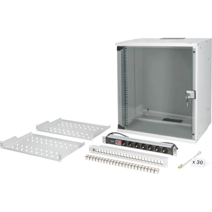 DIGITUS 19 Zoll Netzwerk-Set, 12HE Netzwerkschrank mit 2 Fachböden, 24-Port Patch Panel, 24 Keystone Module, 30 Patchkabel, Steckdosenleiste, unmontiert, SOHO PRO-Serie, Grau