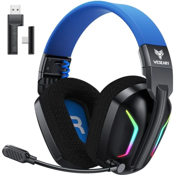 WESEARY Gaming Headset Wireless mit Mikrofon, immersiver Stereo-Sound, bis zu 60 Stunden Akkulaufzeit, RGB-Beleuchtung für PS5 PS4 PC Switch Handy – Bild 1