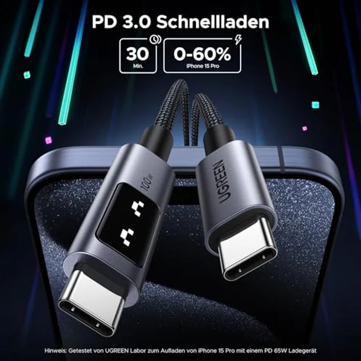 UGREEN UNO USB C auf USB C Kabel 100W (5A/20V) PD 3.0, Schnellladekabel für iPhone 17/Air/16/15, M3 MacBook Pro/Air, iPad Pro/Air 2024, 2M, Nylon Ummantelung – Bild 3