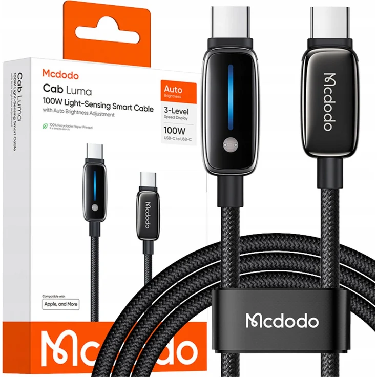 MCDODO USB-C Ladekabel 1m, 100W Schnellladung für iPhone, mit 3-Modus LED-Anzeige und Nylonummantelung