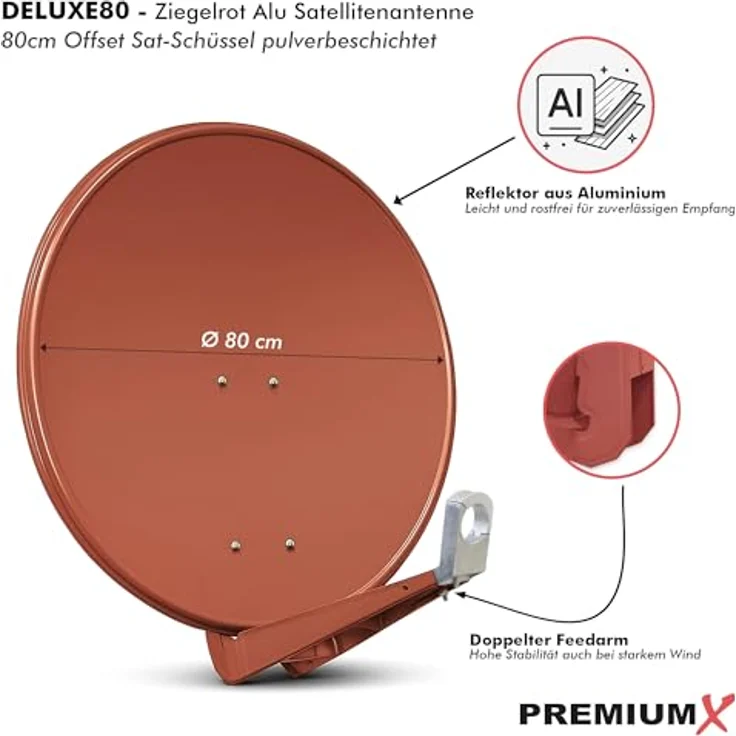 PremiumX DELUXE80 Satellitenantenne 80 cm, Aluminium, Ziegelrot, für exzellenten Empfang mit Multifeed-Eignung – Bild 2