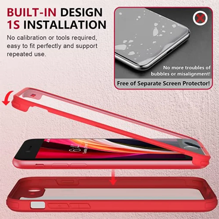 Miracase 360 Grad Hülle für iPhone SE 2022/SE 2020/iPhone 8, Ganzkörper Schutzhülle mit eingebauter Glas Displayschutzfolie, stoßfest, rot – Bild 3