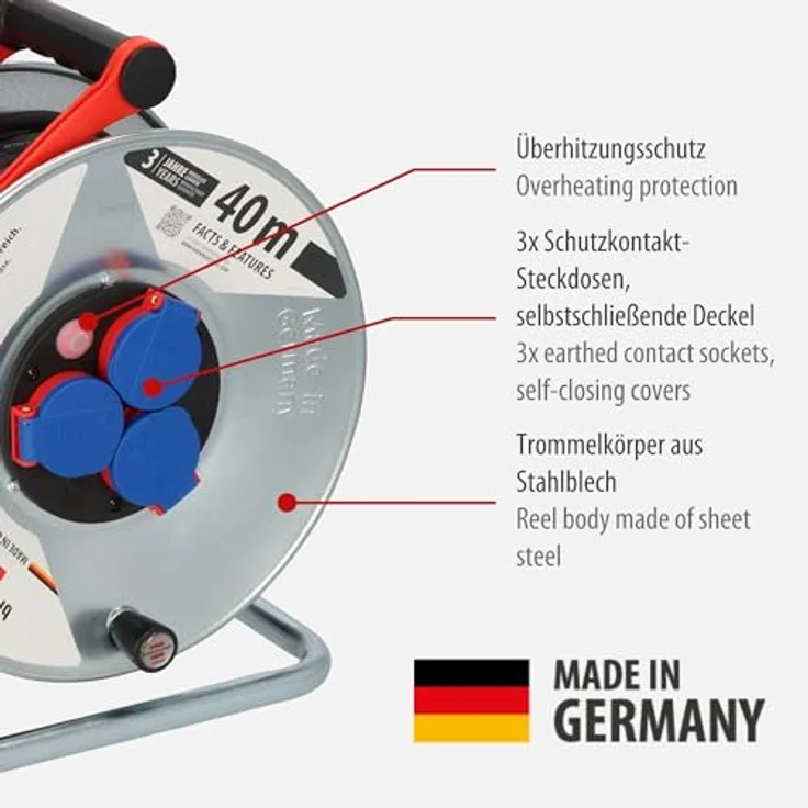 Brennenstuhl Garant S IP44 Kabeltrommel (40m Kabel in schwarz, aus Stahlblech, für den ständigen Einsatz im Außenbereich, Made in Germany) silber – Bild 3