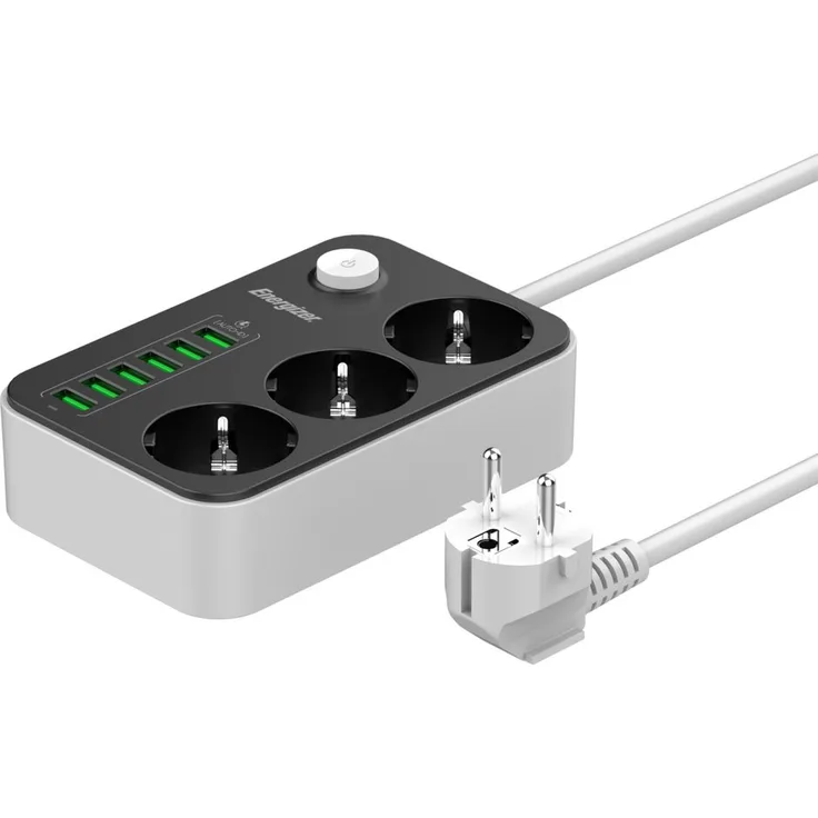 Energizer EPB2500W01EU, 3-fach Steckdosenleiste mit 6x USB-Anschlüssen, Überspannungsschutz und 2m Kabel, schwarz