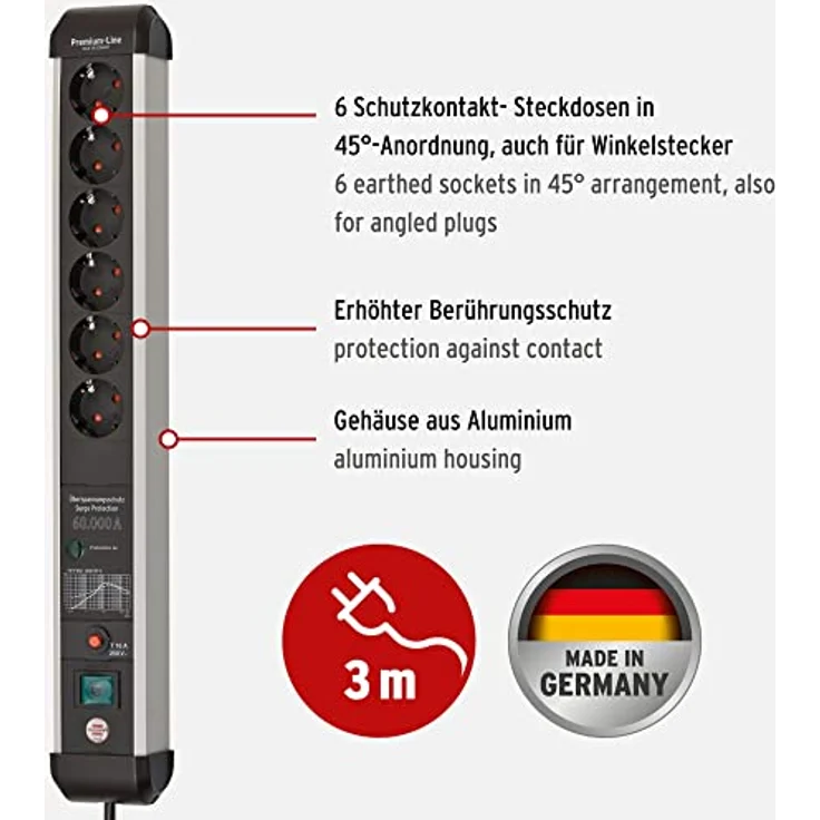 Brennenstuhl Premium-Protect-Line Steckdosenleiste 6-Fach mit Überspannungsschutz 60.000 A (Mehrfachsteckdose mit Schalter und 5m Kabel, Made in Germany) Silber/schwarz – Bild 2