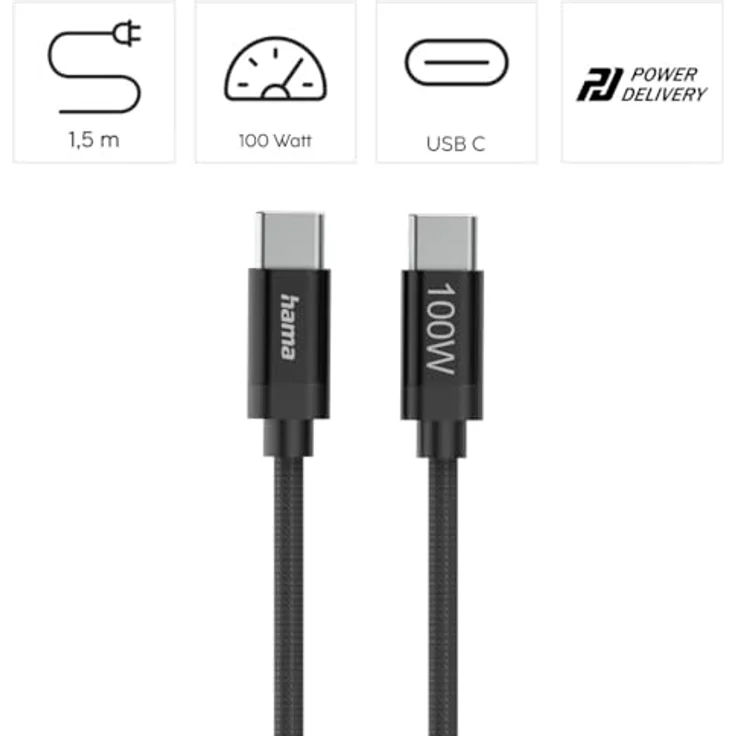 Hama Fabric USB-C Kabel, 0,48 Gbit/s, 100W, 1,5 m, Schwarz – Bild 2