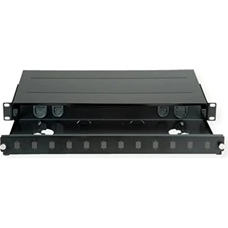 Roline 21.17.0350 LWL-Patchpanel 483mm (19"), ausziehbar, für bis zu 12 SC-Simplex oder LC-Duplex Kupplungen, Stahlblech schwarz – Bild 1