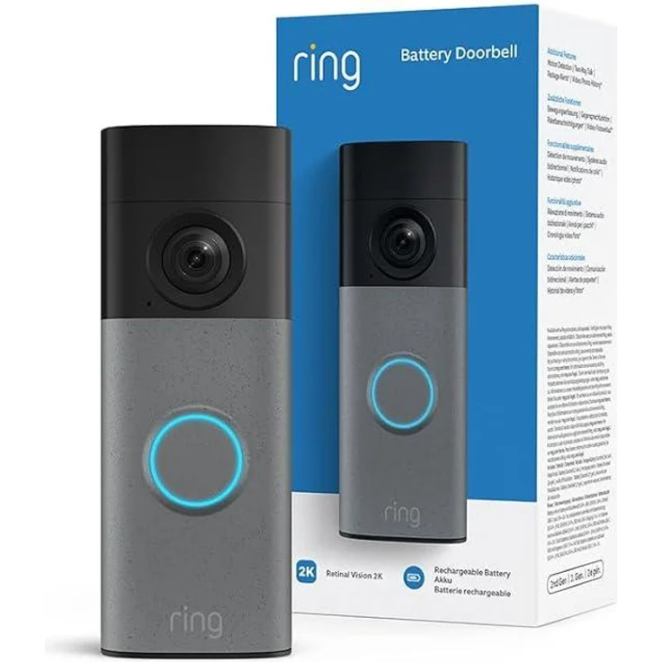 Ring Battery Video Doorbell (2. Generation), Akkubetriebene Videotürklingel mit Retinal 2K Auflösung, 6-fach Zoom, Schwarz/Grau