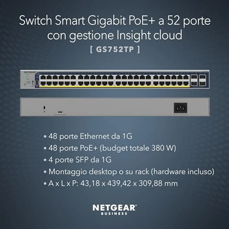 NETGEAR GS752TP 52-Port PoE Gigabit Ethernet Smart Switch: Managed, optionales Insight-Cloud-Management, 48 PoE+ bei 380 W, 4 1G SFP, Desktop- oder Rack-Befestigung – Bild 2