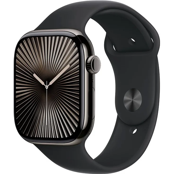 Apple Watch Series 10, 42 mm, GPS + Cellular, Titangehäuse Schiefer, Sportarmband Schwarz, M/L
