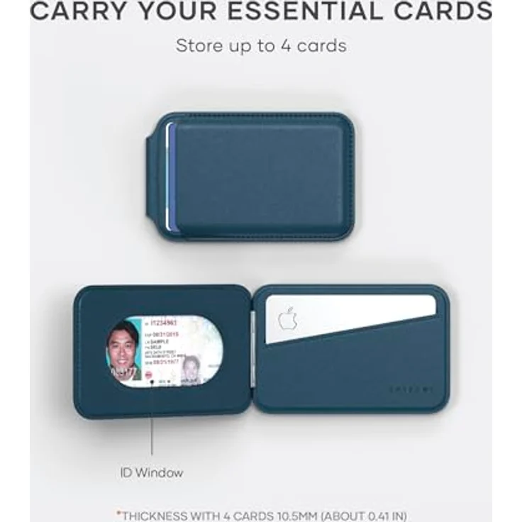 SATECHI Magsafe Wallet und Double Flap Stand mit Magnetfunktion, iPhone Wallet mit 4 Kartenfächern, Frontklappe NFC Pass Through für iPhone 15, iPhone 14, iPhone 13, iPhone 12 – Vegan Leder, Blau – Bild 5