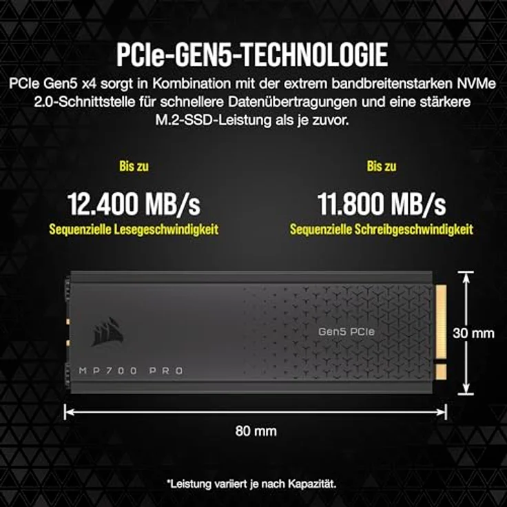 Corsair MP700 PRO Mit Luftkühler 2TB M.2 PCIe Gen5 x4 NVMe 2.0 SSD - M.2 2280 - Bis zu 12.400MB/sec Sequentielles Lesen - High-Density TLC NAND - Schwarz – Bild 4