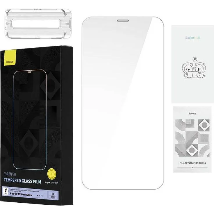 Baseus Tempered Glass für iPhone 12 Pro Max, 0.4mm Displayschutzfolie mit Blaulichtfilter und Reinigungskit, Transparent