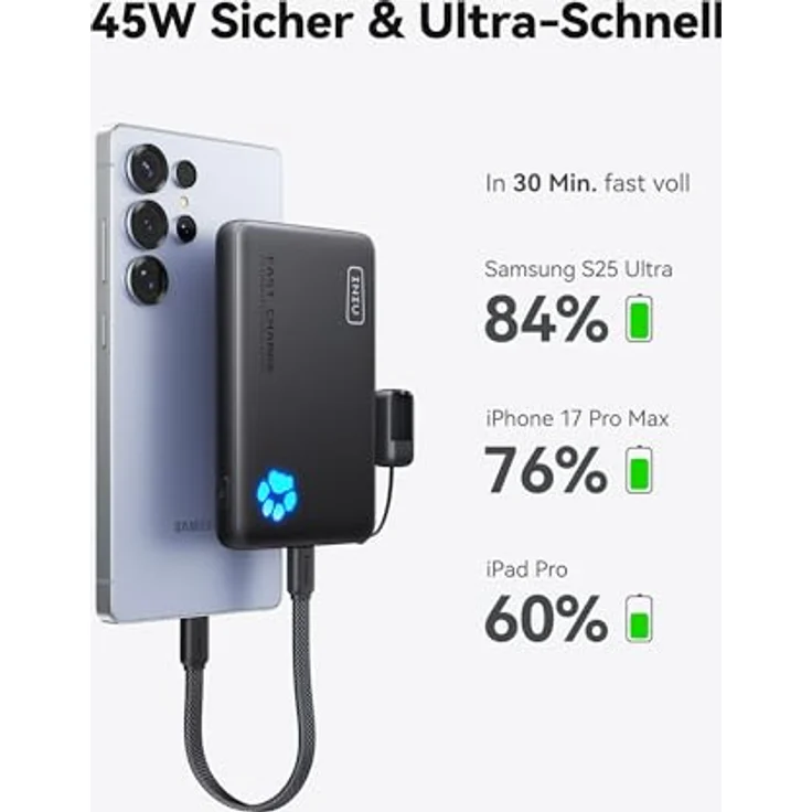 INIU Power Bank 10000mAh, 45W Schnellladegerät mit 2 USB-C und 1 USB-A Port, kompakt und leicht mit Taschenlampe, kompatibel mit iPhone 17/16/15 Pro Max, Samsung S24/S23, iPad – Bild 3