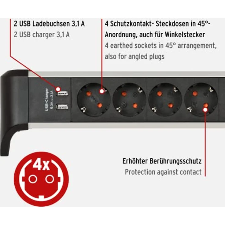 Brennenstuhl Alu-Office-Line Steckdosenleiste 4-Fach/Mehrfachsteckdose mit USB (Steckerleiste ideal für den Schreibtisch, 1,8m Kabel, mit Schalter, Made in Germany) – Bild 3