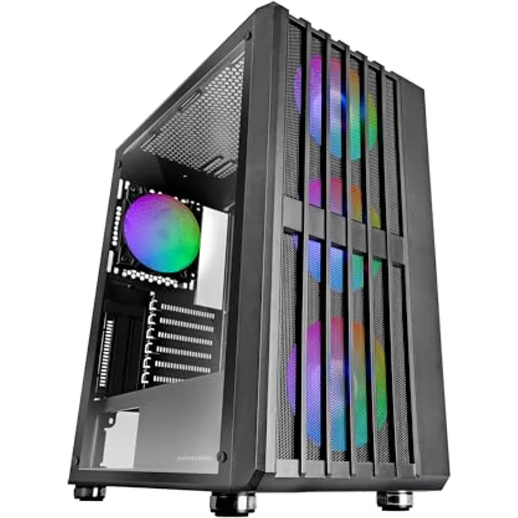 MARSGAMING MC-Vault, Gaming ATX-Gehäuse, 4X ARGB 120mm Lüfter, vertikales Mesh-Frontpanel, gehärtetes Glas, 3X vertikale PCI-Steckplätze, PC-Midi-Tower, Schwarz